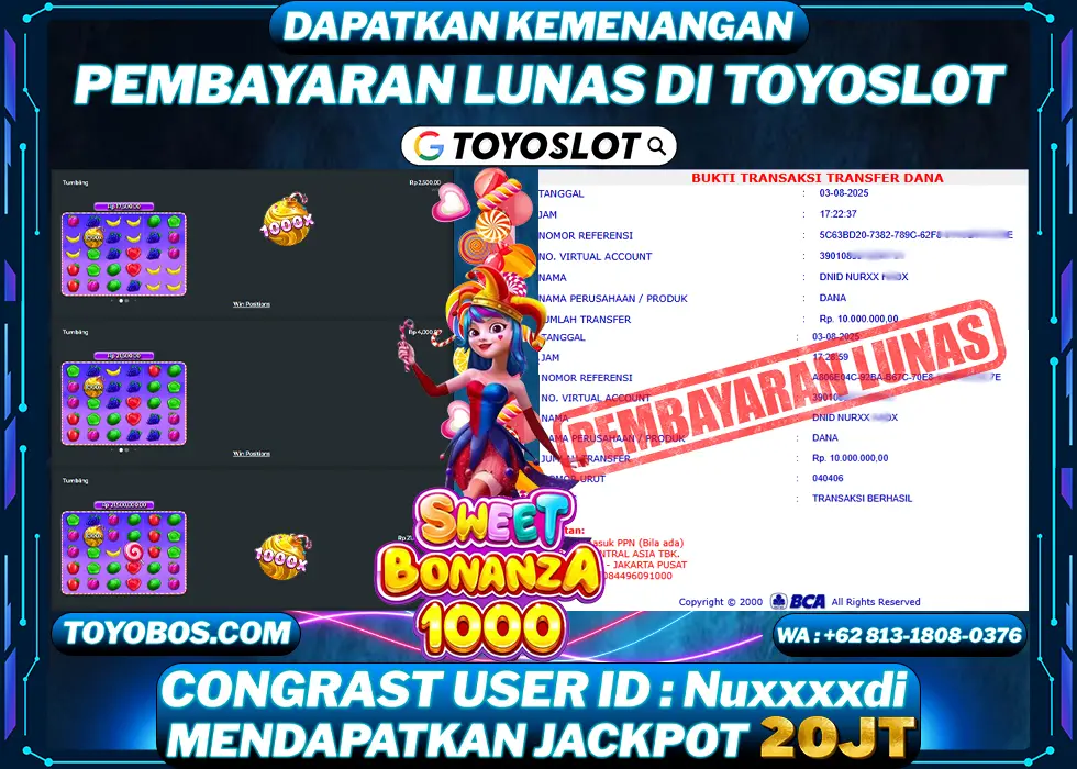 TOYOSLOT - BUKTI KEMENANGAN Sweet Bonanza x1000 Rp20,000,000,- LUNAS